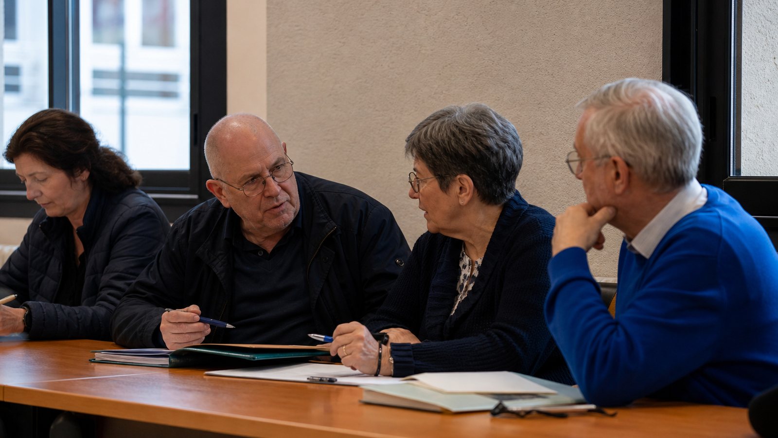 Copropriétaires réunis en assemblée générale autour d'une table de réunion