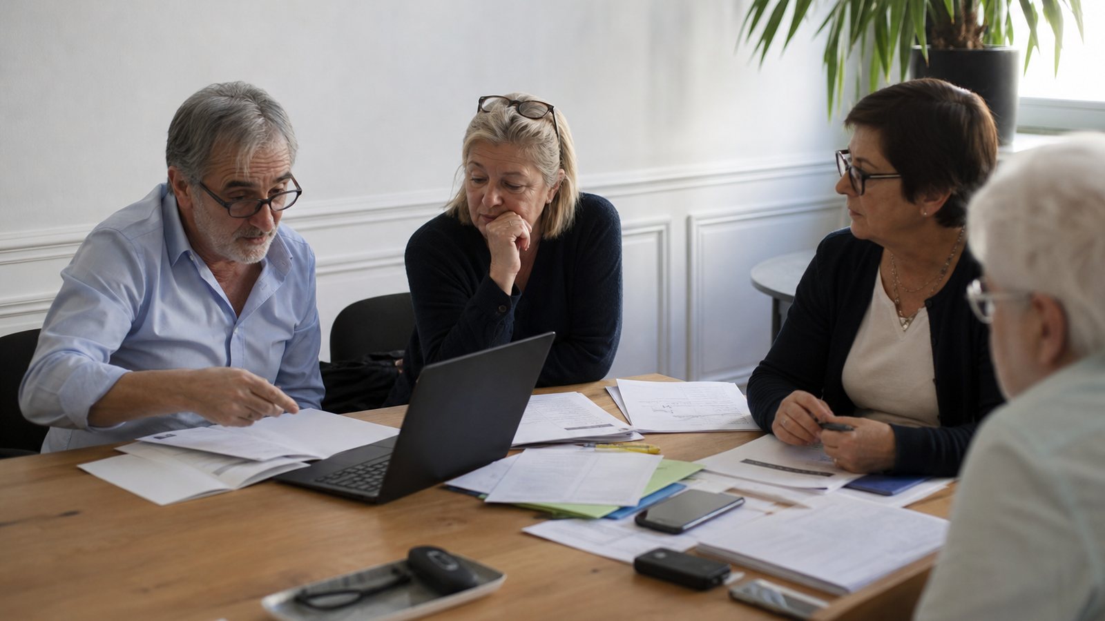 Copropriétaires comparant les modes de gestion de leur immeuble en discutant